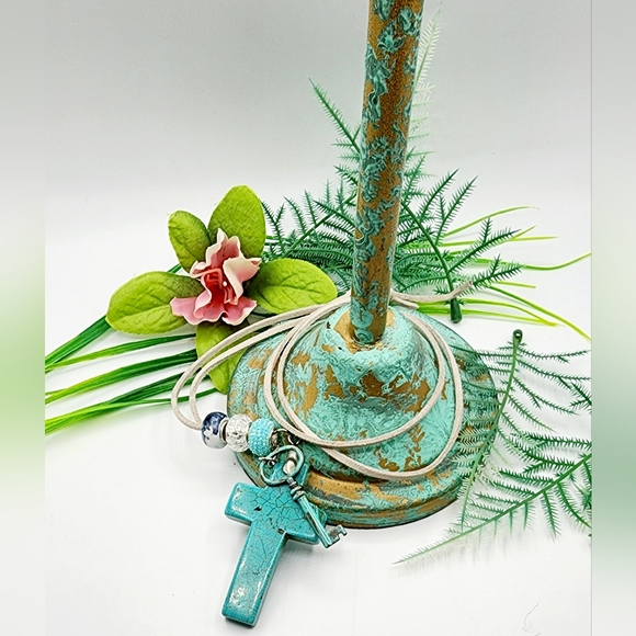 Large turquoise blue cross pendant,  33in,2 1/2 inch cross - Picture 2 of 2